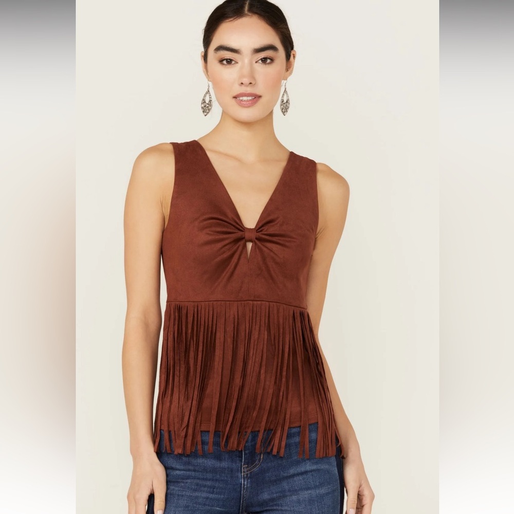 NWT//IDYLLWIND BROWN PENNINGTON FAUX SUEDE TWISTED FRINGE TOP